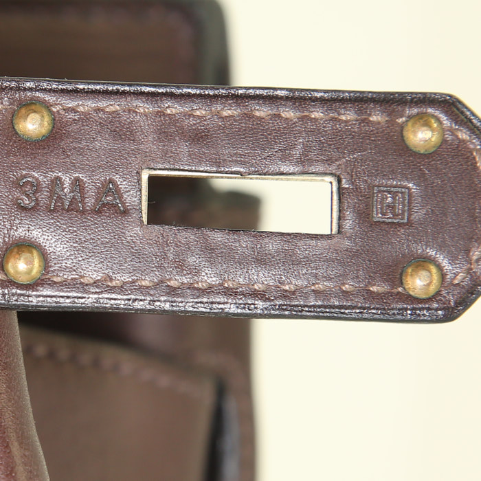 Bolso de fin de semana Hermes Haut à Courroies en lona beige y cuero Barenia marrón - Detail D4