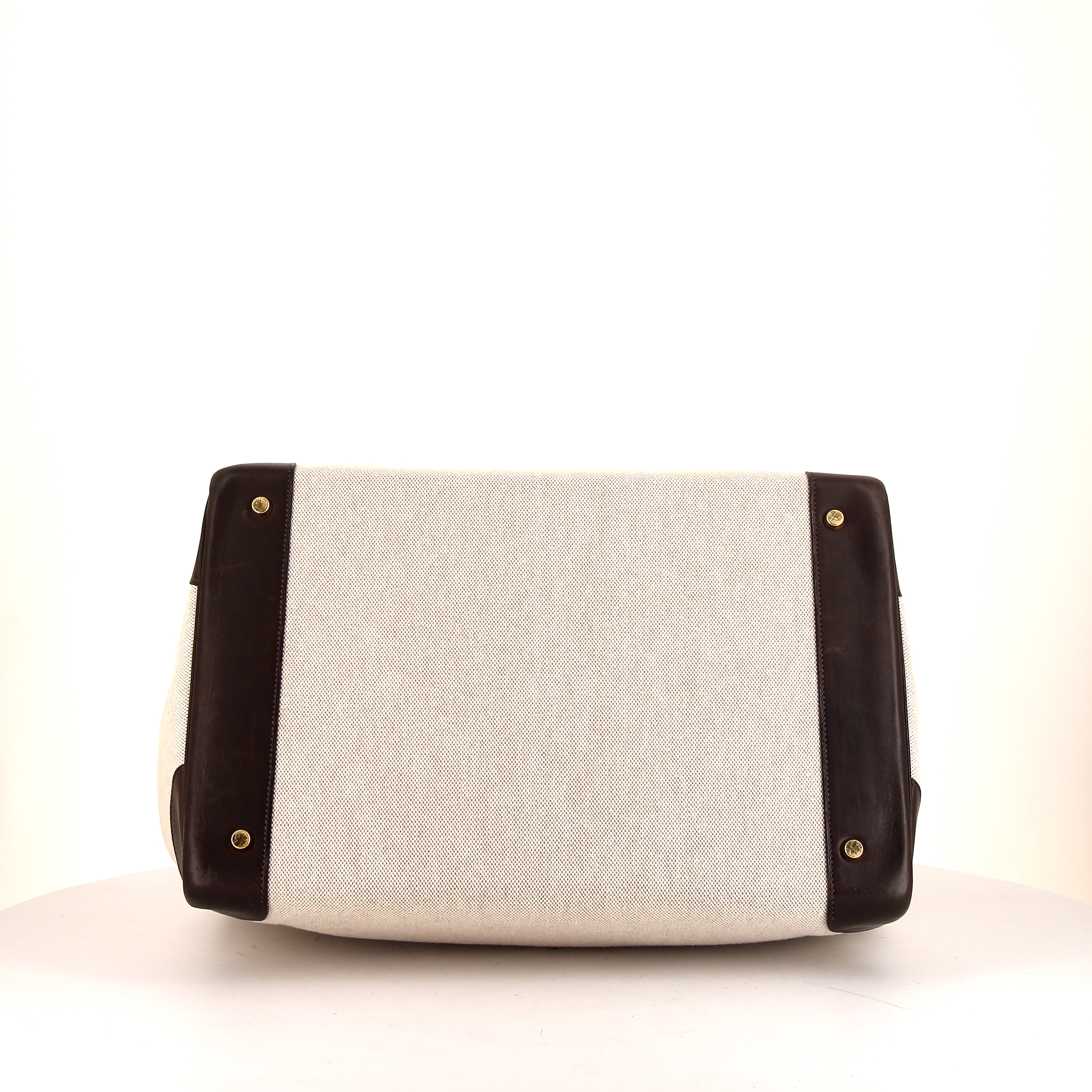 Bolso de fin de semana Hermes Haut à Courroies en lona beige y cuero Barenia marrón - Detail D5