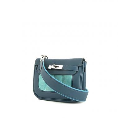 Bolso bandolera Hermès Berline modelo pequeño en cuero azul verdoso y ante