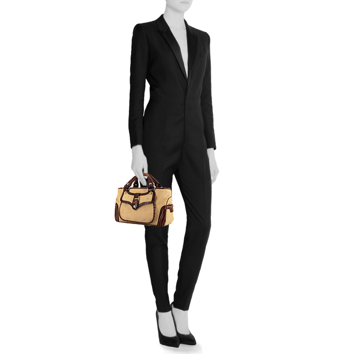 Celine Boogie handbag in beige canvas and brown leather - Detail D1