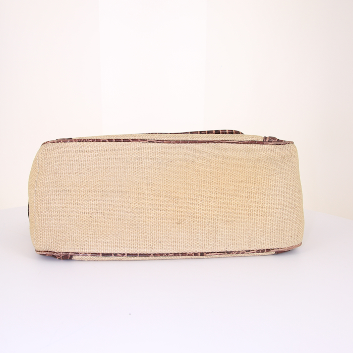 Celine Boogie handbag in beige canvas and brown leather - Detail D4