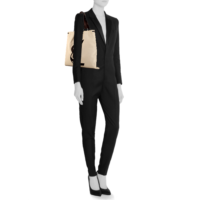 Borsa Saint Laurent in tela beige e pelle marrone - Detail D1