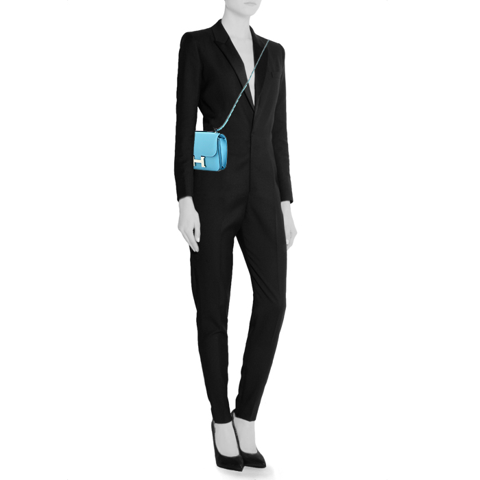 Borsa a tracolla Hermes Constance piccola in pelle Swift blu du nord - Detail D2
