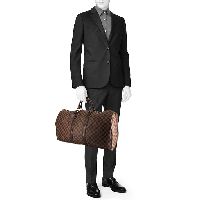 Sac de voyage Louis Vuitton Keepall 55 cm en toile damier enduite ébène et cuir marron - Detail D1