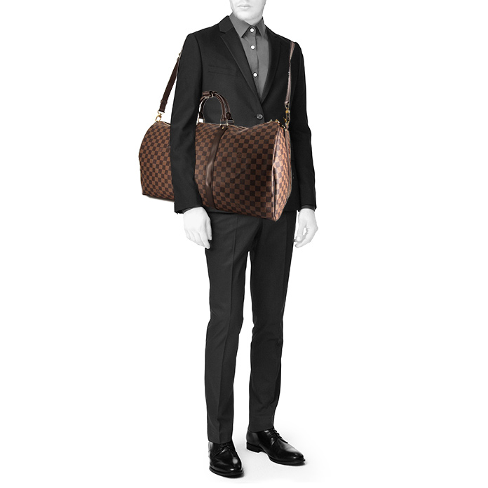 Bolsa de viaje Louis Vuitton Keepall 55 cm en lona a cuadros revestida ébano y cuero marrón - Detail D2