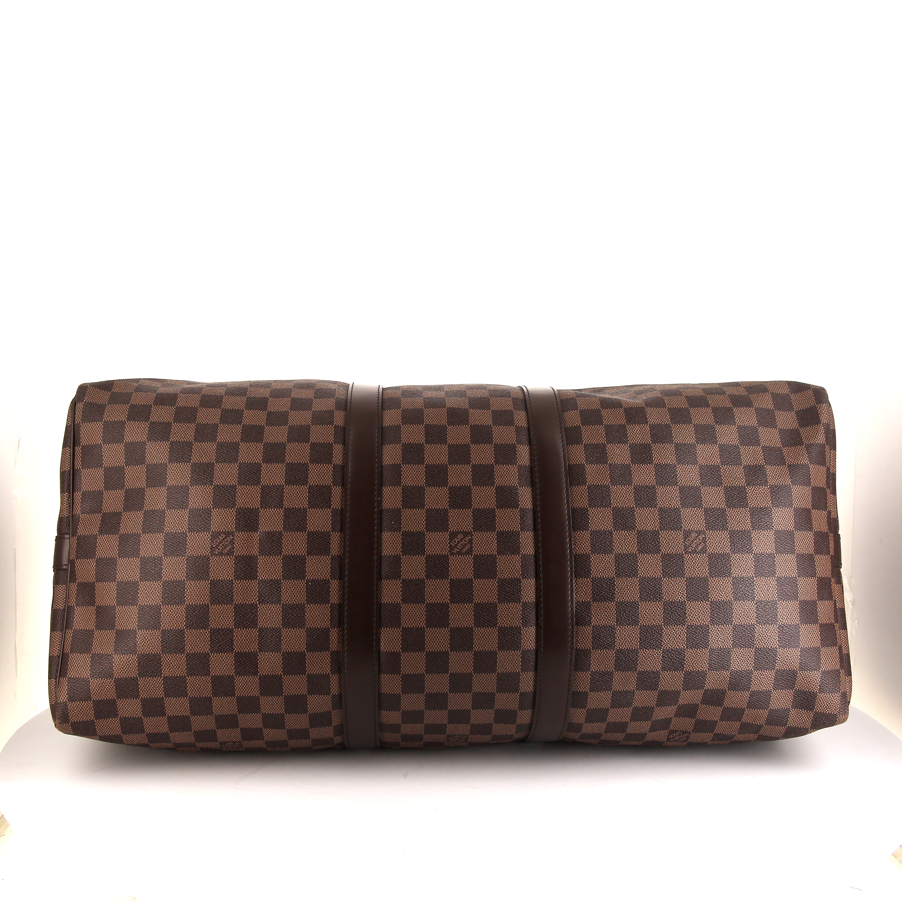 Louis Vuitton Keepall 55 cm travel bag in ebene damier canvas and brown leather - Detail D5