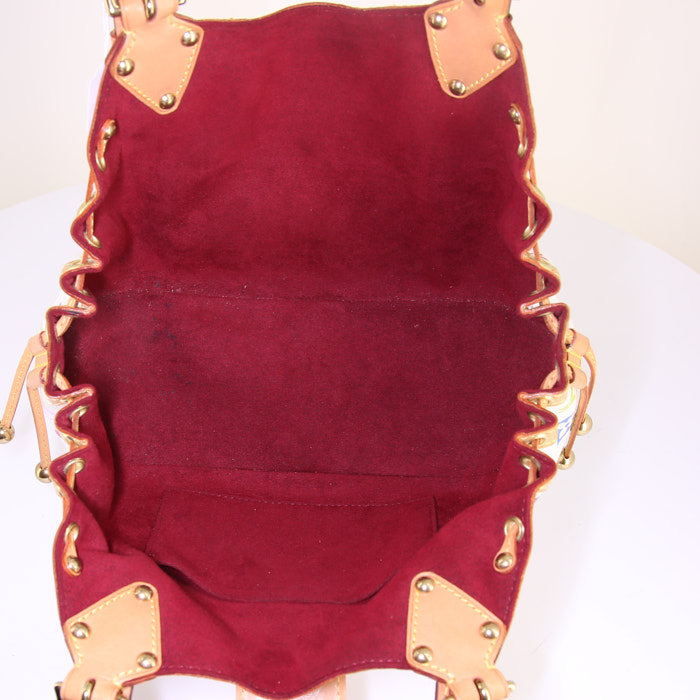 Borsa Louis Vuitton Theda in tela monogram multicolore bianca e pelle naturale - Detail D2