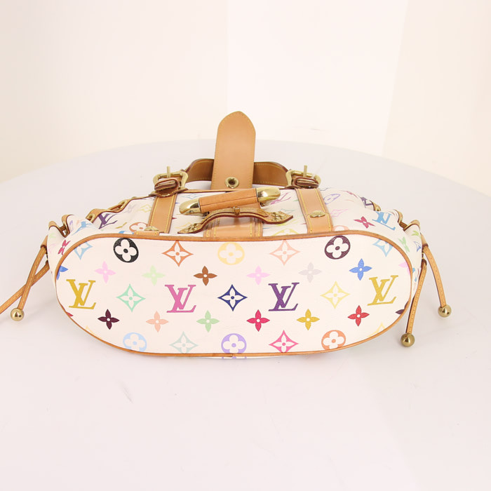 Borsa Louis Vuitton Theda in tela monogram multicolore bianca e pelle naturale - Detail D4