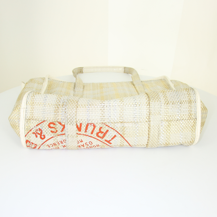 Louis Vuitton Barbes handbag in cream color, grey and gold canvas and cream color leather - Detail D4