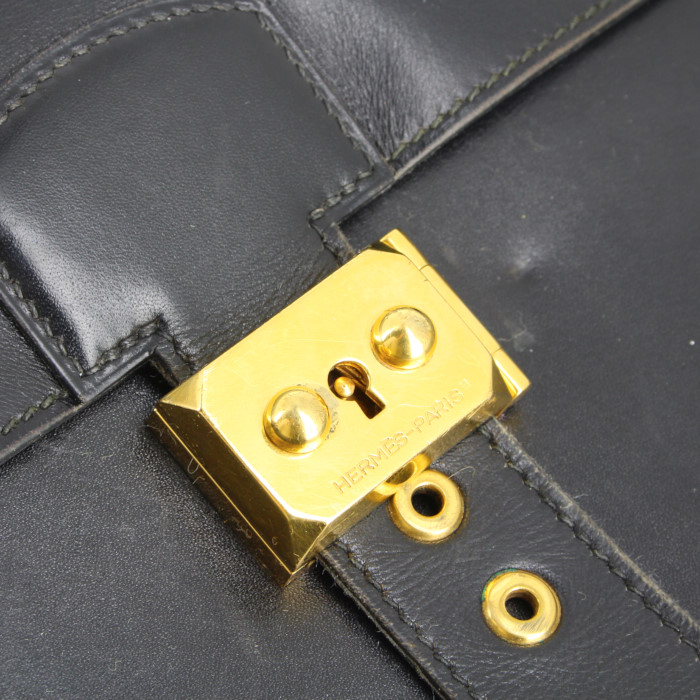 Hermes Sac à dépêches briefcase in black box leather - Detail D4