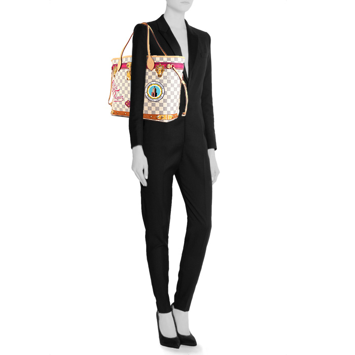 Sac cabas Louis Vuitton Neverfull moyen modèle en toile damier beige et cuir naturel - Detail D1