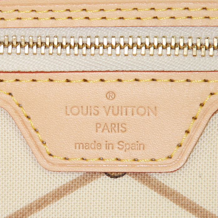 Sac cabas Louis Vuitton Neverfull moyen modèle en toile damier beige et cuir naturel - Detail D3