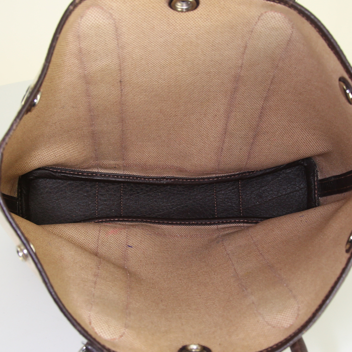 Shopping bag Hermes Garden in tela beige e pelle marrone - Detail D3