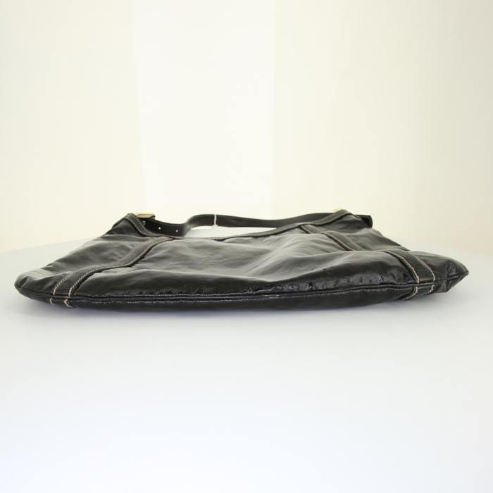 Sac porté épaule ou main Gucci Britt en cuir verni noir et tissu bicolore - Detail D5