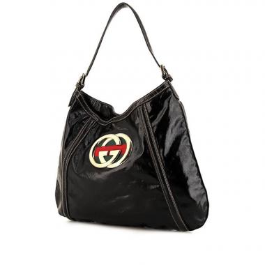 Borsa da spalla o a mano Gucci Britt in pelle verniciata nera e tessuto bicolore