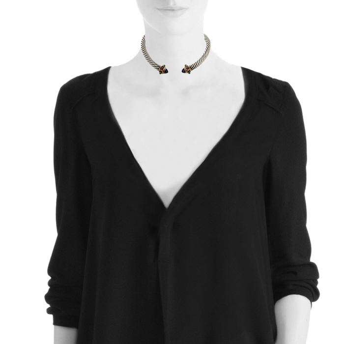 David Yurman Cable Renaissance linked necklace in silver,  yellow gold and colored stones and in garnets - Detail D1
