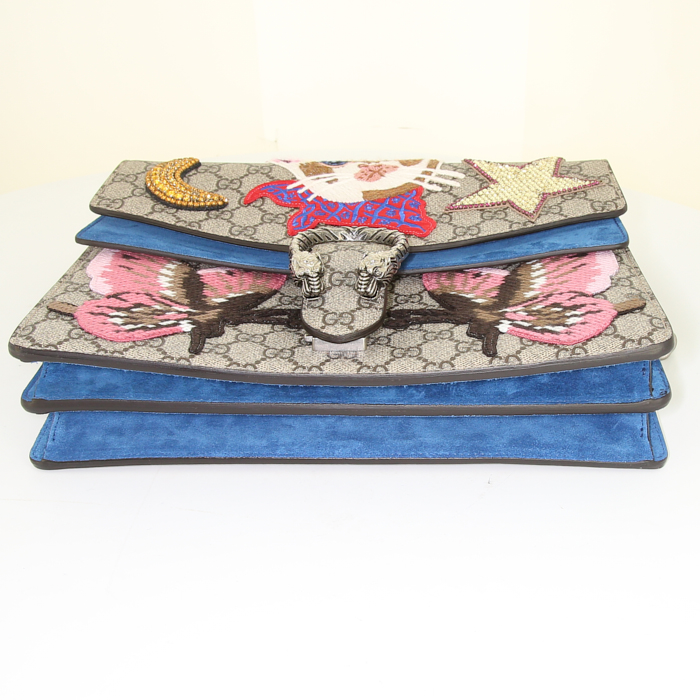 Borsa Gucci Dionysus in tela siglata beige con motivo e camoscio blu - Detail D5