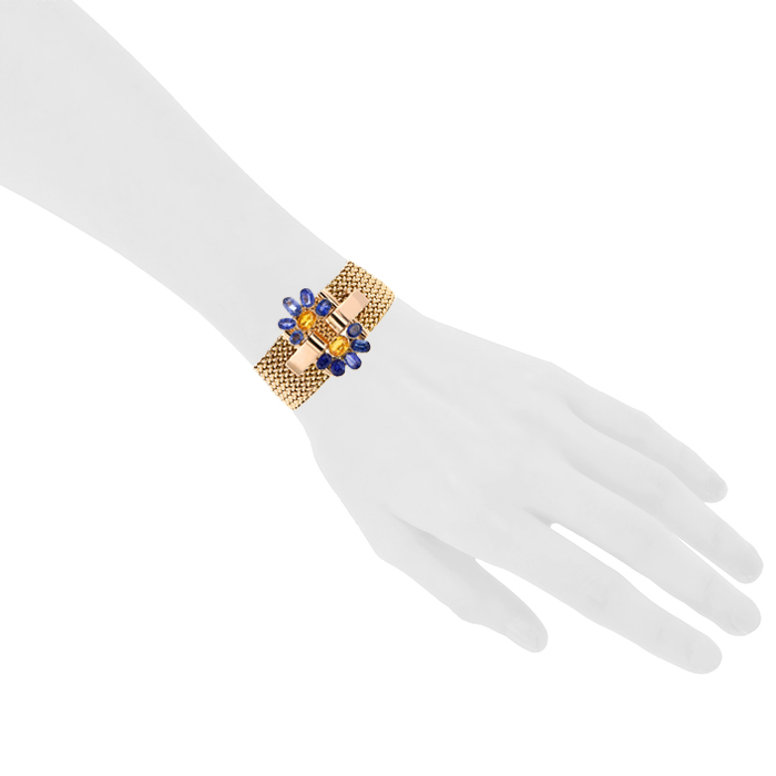 Brazalete época años 50 Vintage en oro rosa,  zafiros azules y zafiros naranjas - Detail D1