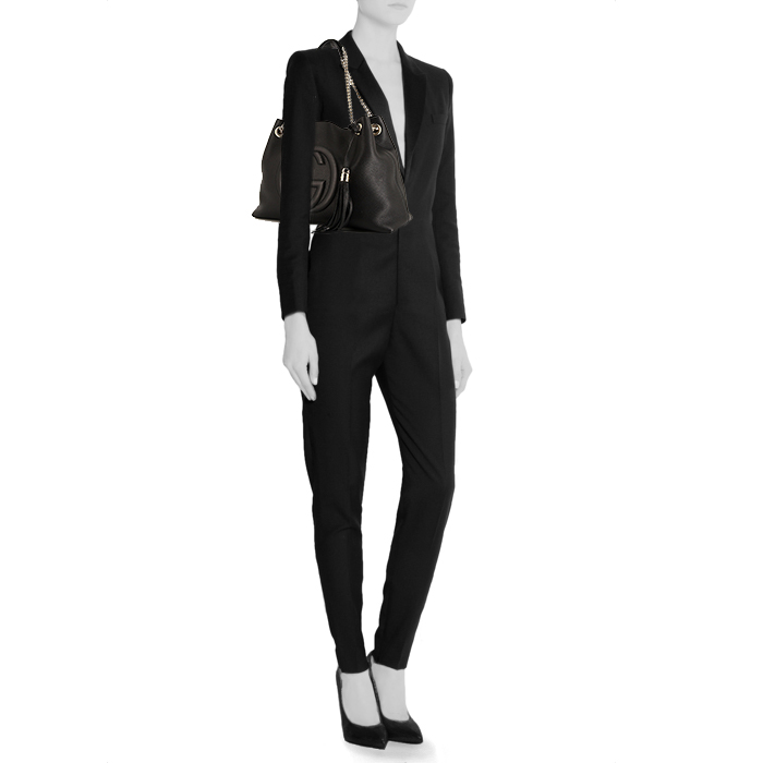 Sac cabas Gucci Soho en cuir grainé noir - Detail D1