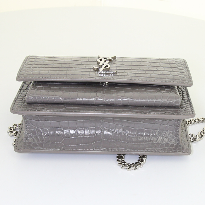 Sac bandoulière Saint Laurent Sunset en cuir gris - Detail D5