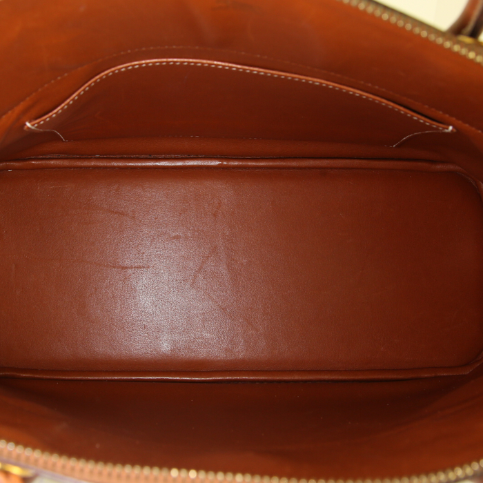 Bolso bandolera Hermes Bolide en cuero Barenia color oro y lona beige - Detail D3