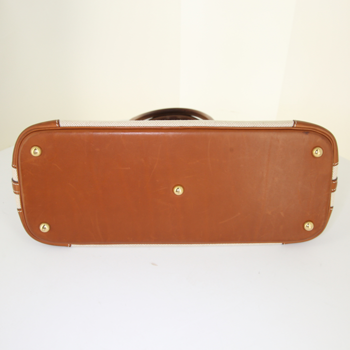 Sac bandoulière Hermes Bolide en cuir Barénia gold et toile beige - Detail D5