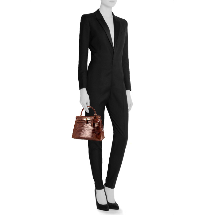 Hermes Kelly 28 cm handbag in cognac niloticus crocodile - Detail D1