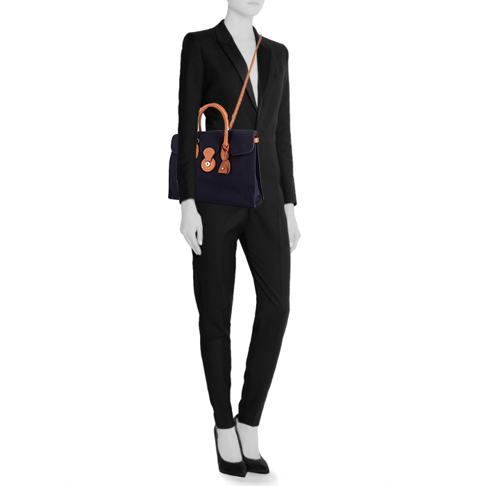 Borsa Ralph Lauren Ricky modello grande in tela blu e pelle marrone - Detail D2