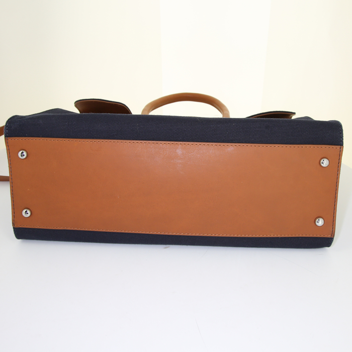 Ralph Lauren Ricky large model handbag in blue canvas and brown leather - Detail D5