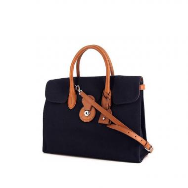 Sac à main Ralph Lauren Ricky grand modèle en toile bleue et cuir marron