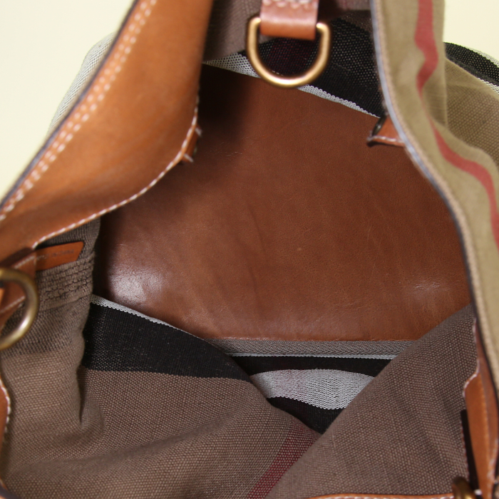 Borsa a tracolla Burberry Ashby in tela beige nera bianca e rossa e pelle marrone - Detail D3