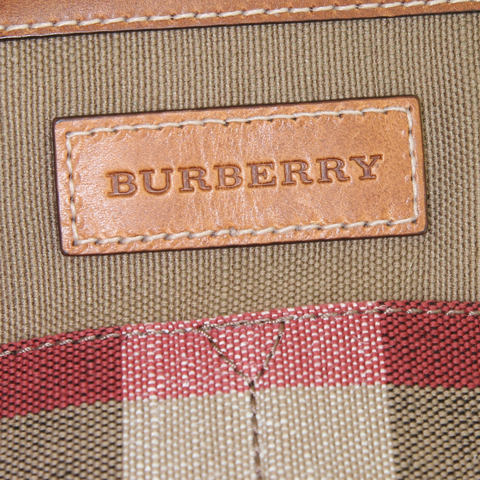 Borsa a tracolla Burberry Ashby in tela beige nera bianca e rossa e pelle marrone - Detail D4