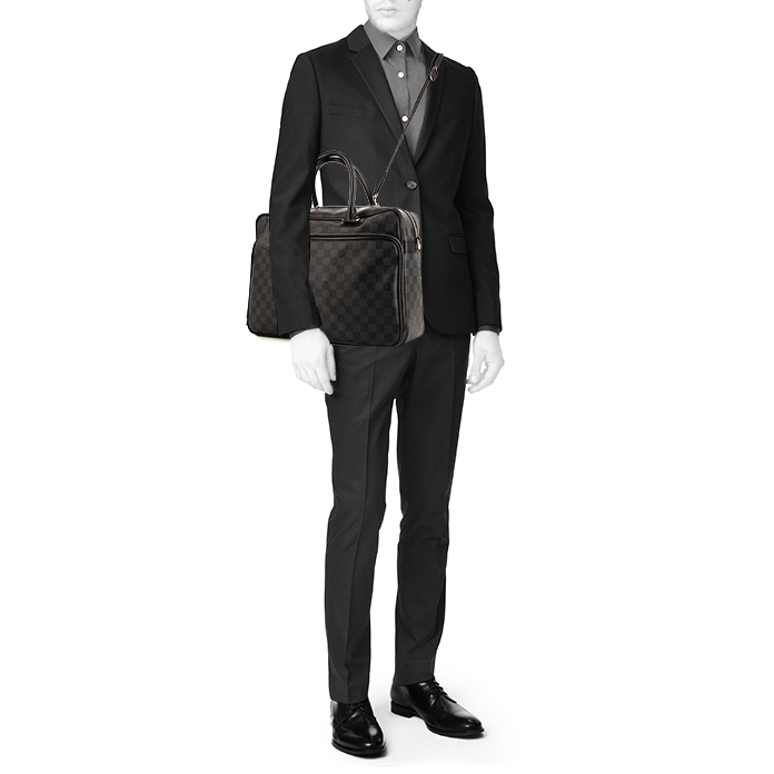 Porta-documentos Louis Vuitton Icare en lona a cuadros gris Graphite y cuero negro - Detail D2