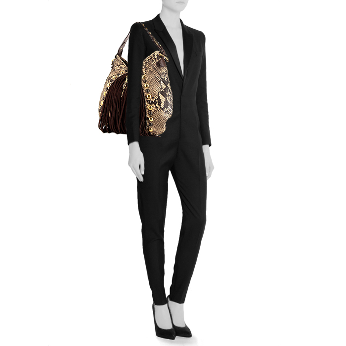 Gucci Babouska handbag in grey and beige python and brown suede - Detail D1