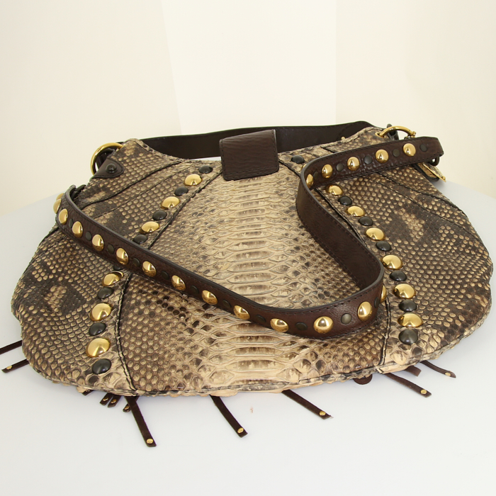 Gucci Babouska handbag in grey and beige python and brown suede - Detail D5