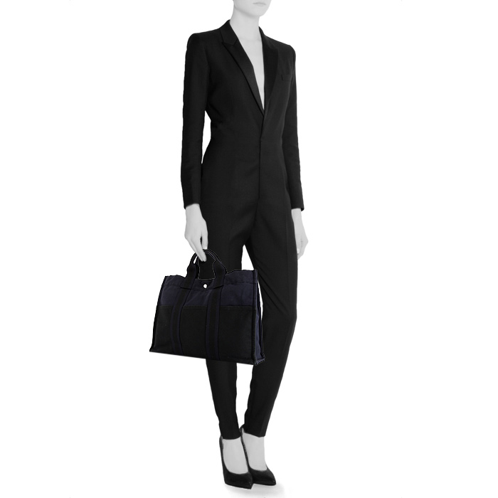 Shopping bag Hermes Toto Bag - Shop Bag in tela blu e nera - Detail D1