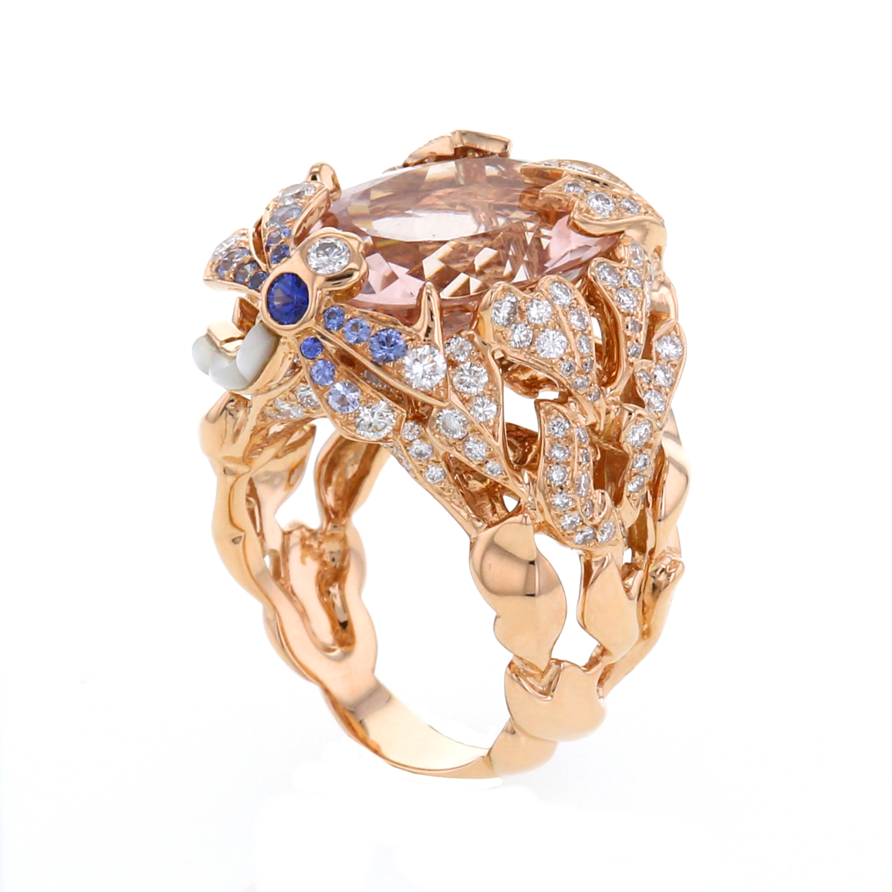 Bague Dior Gourmande grand modèle en or rose,  diamants et saphirs et en morganite rose - Detail D2