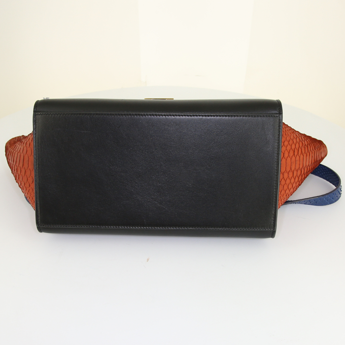 Celine Trapeze small model handbag in blue and orange python and black leather - Detail D5