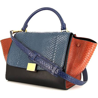 Bolso de mano Celine Trapeze modelo pequeño en piel de pitón azul y naranja y cuero negro