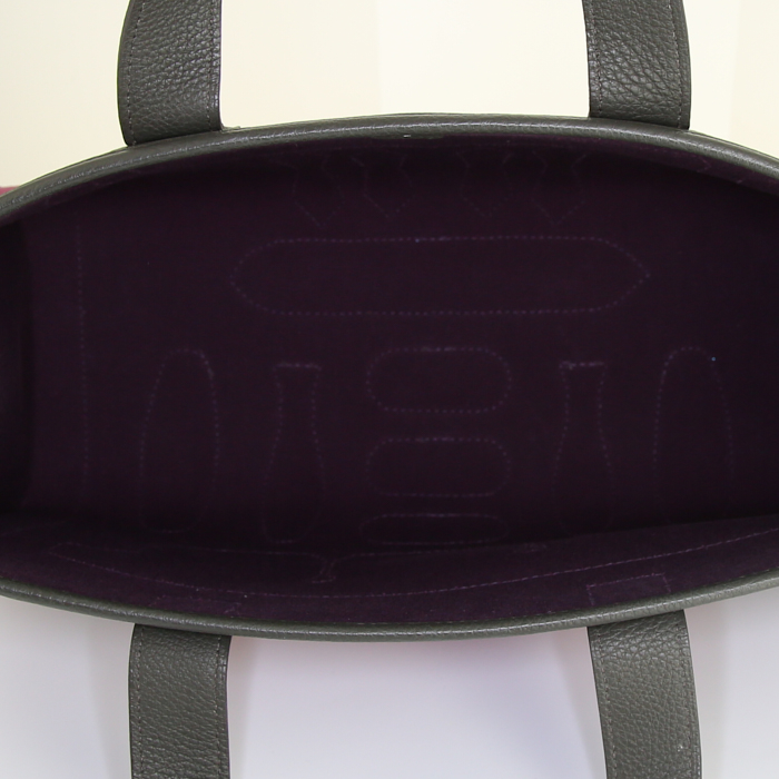 Hermès Petit H shopping bag in grey togo leather and pink canvas - Detail D2