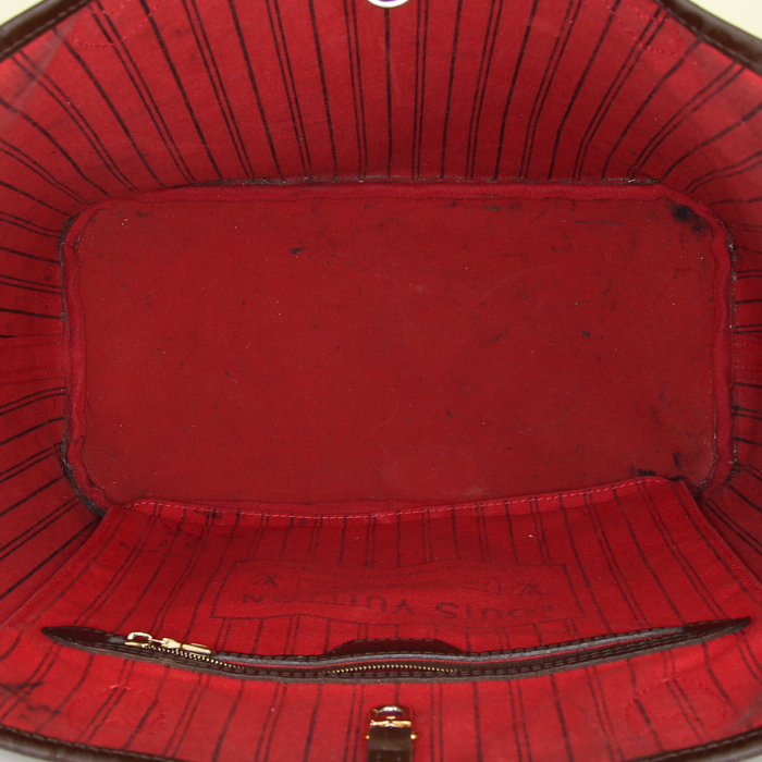 Sac cabas Louis Vuitton Neverfull moyen modèle en toile damier marron et cuir - Detail D3