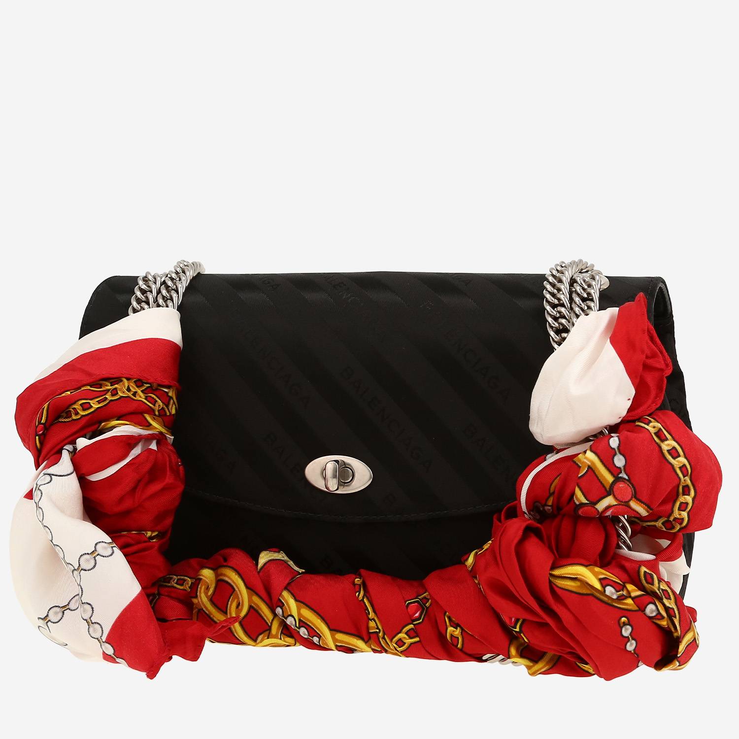 Borsa Balenciaga Lock Round Scarf in raso nero con motivo