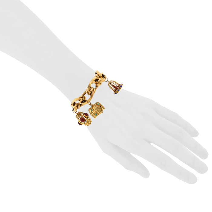 Bracelet époque années 70 articulé Vintage en or jaune et pierres de couleurs - Detail D1