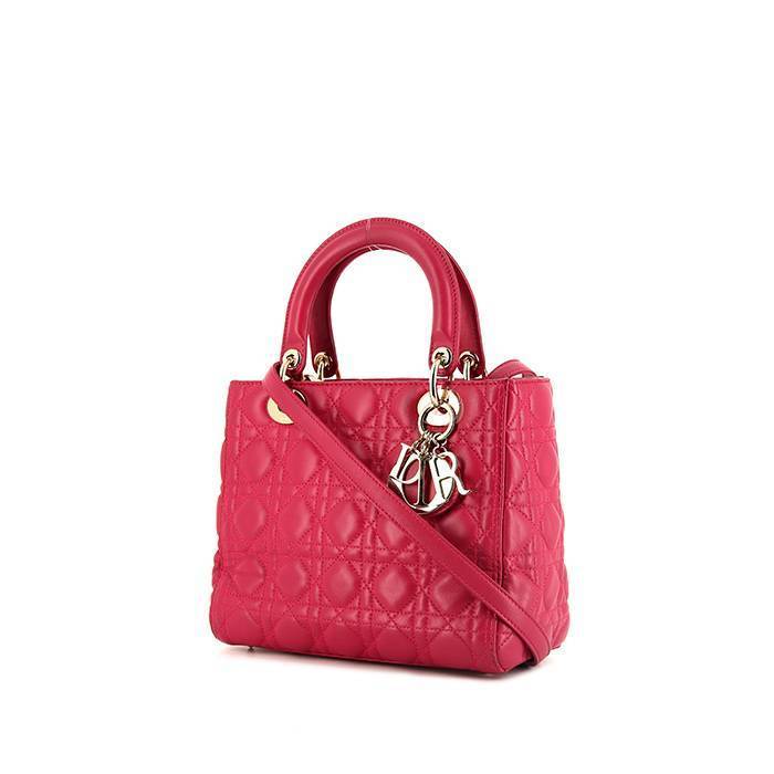 Dior Lady Dior medium model bag worn on the shoulder or carried in the hand in pink leather cannage - 00pp