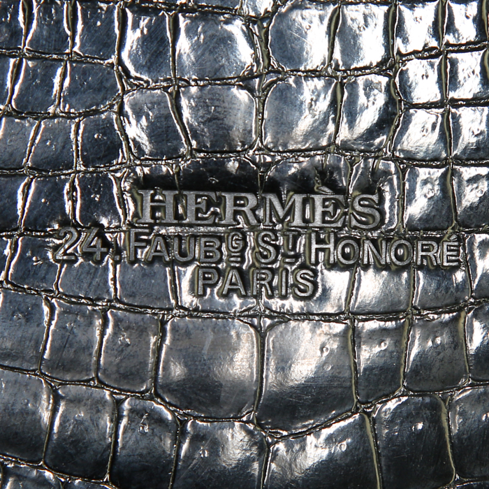 Sac à main Hermès Lucy en crocodile noir et cuir noir - Detail D3