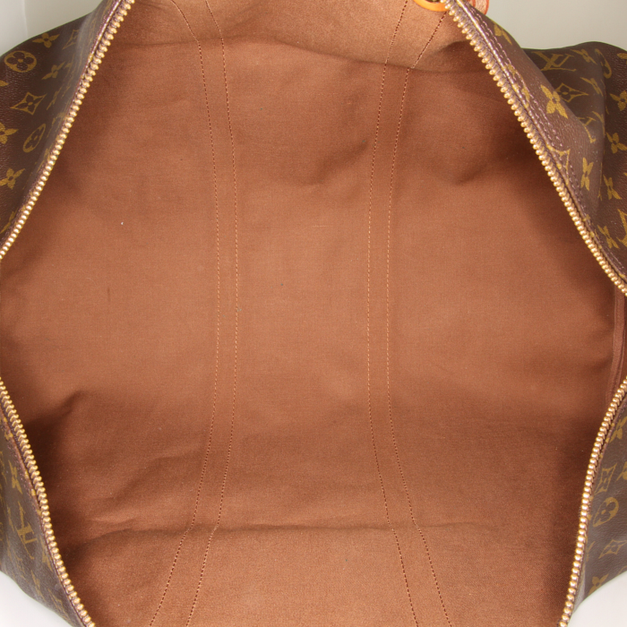 Borsa da viaggio Louis Vuitton Keepall 55 cm in tela monogram marrone e pelle naturale - Detail D2