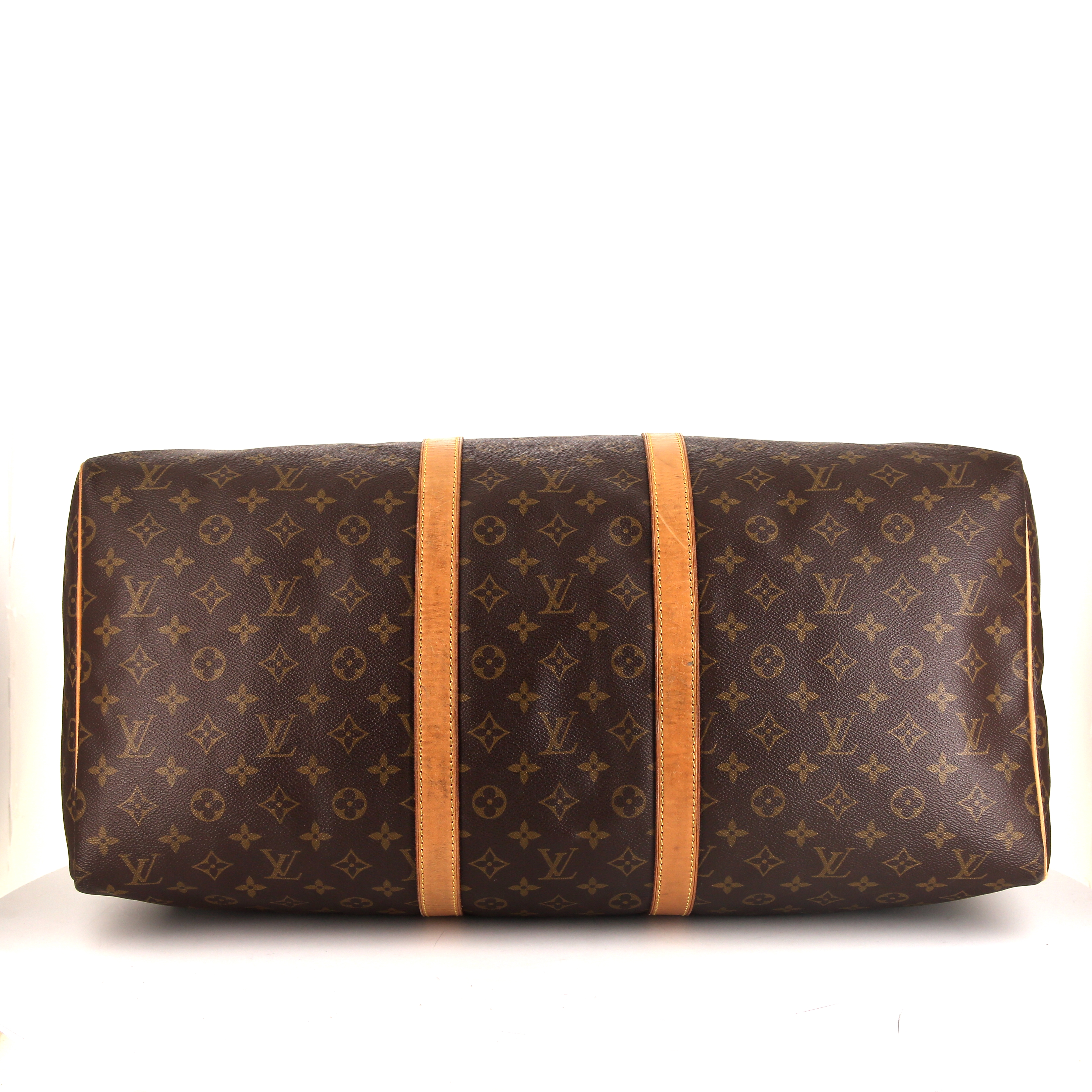 Borsa da viaggio Louis Vuitton Keepall 55 cm in tela monogram marrone e pelle naturale - Detail D4