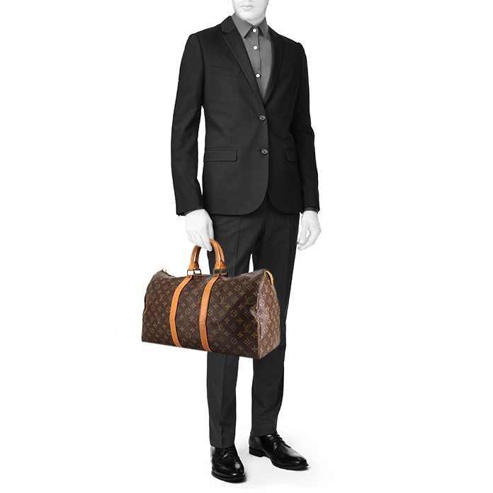 Louis Vuitton Keepall 45 travel bag in brown monogram canvas and natural leather - Detail D1