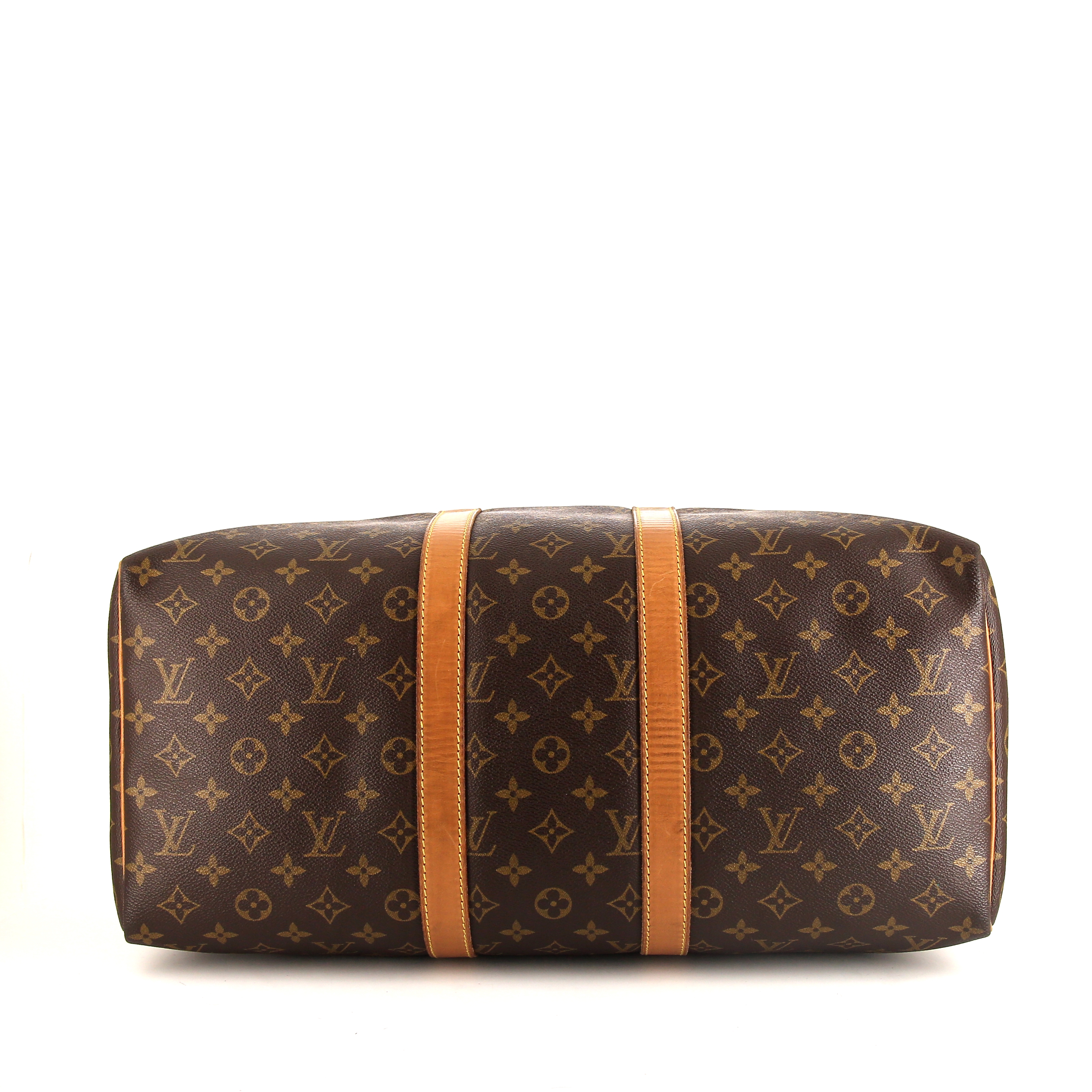 Bolsa de viaje Louis Vuitton Keepall 45 en lona Monogram marrón y cuero natural - Detail D4