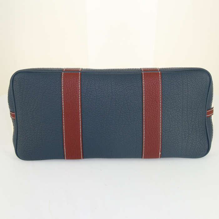 Hermes Garden shopping bag in burgundy and blue leather and beige canvas - Detail D4